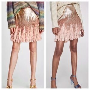 ZARA SEQUIN Rose Gold Blush Pink Skirt in SMALL